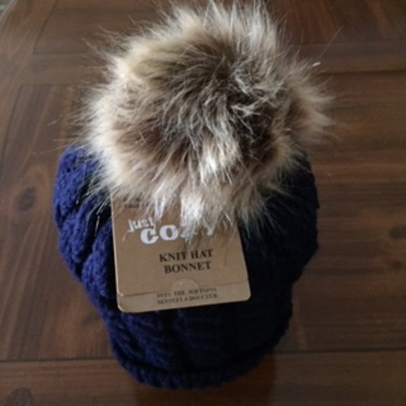 JUST COZY KNIT HAT BONNET.  ONE SIZE FITS.  COLOR: BLUE - Picture 1 of 3